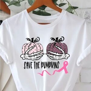 White Graphic T-Shirt with Pink Pumpkin  & SkeletonHands BREAST CANCER AWARENESS